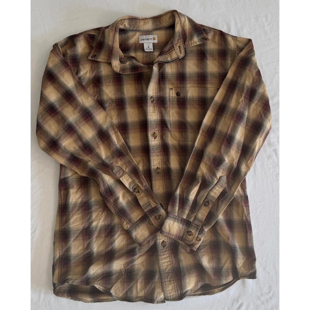 Carhartt‎ Mens Plaid Button Down Shirt Long Sleeve Tan Burgundy Cotton Size M